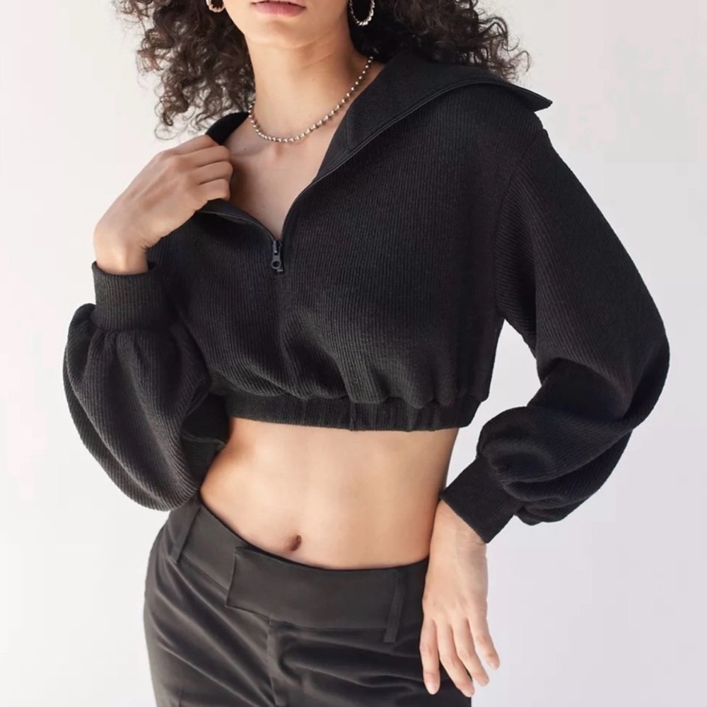 Urban Outfitters Black BDG NWT New Leaf Quarter-Zip Cropped Sweater Jacket Top S - Picture 17 of 17